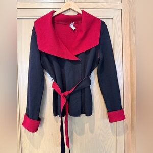 Yvonne Marie Wool Wrap Front Cardigan with Belt Black Red / medium